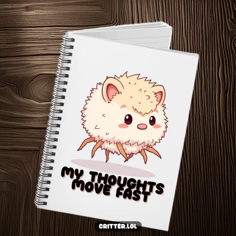 Funny notebook cover featuring a fluffy critter with many legs, captured in a fast scurrying motion for humorous note-taking.