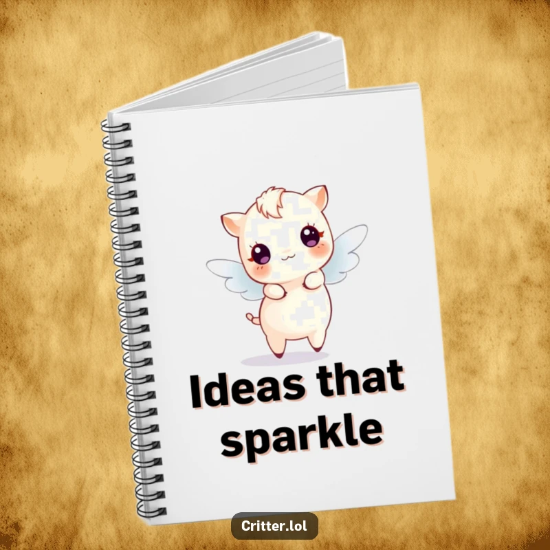 Funny Notebook cover illustrated with a tiny winged creature dancing amidst shimmering sparkles, encouraging magical ideas.
