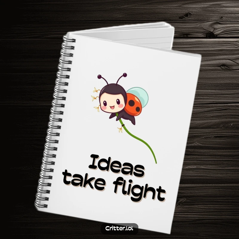 Funny ladybug notebook with a tiny character riding a flying dandelion seed with glee, ideal for note-taking with nature humor.