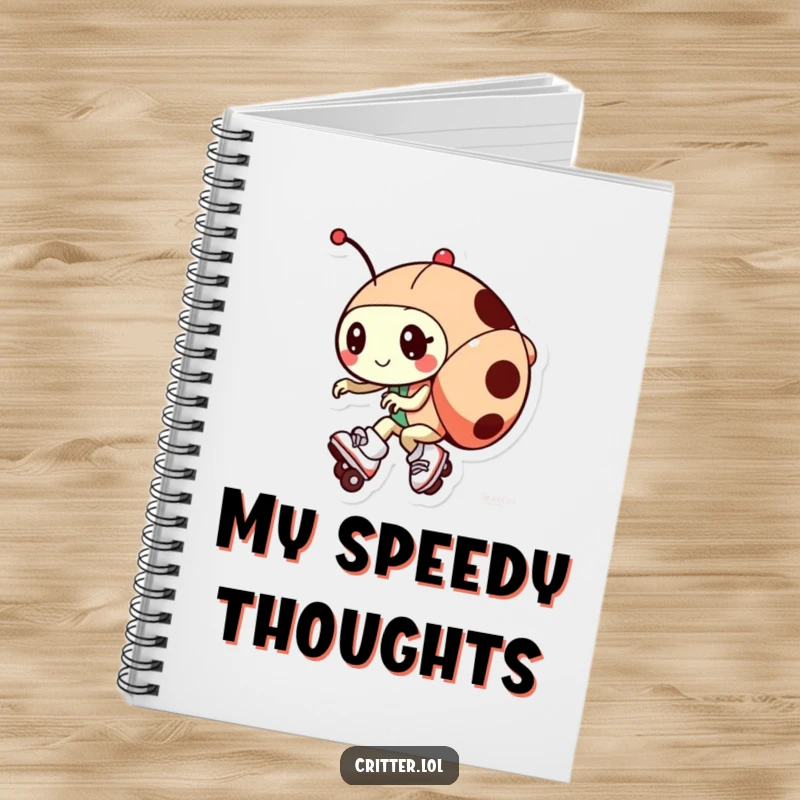Funny notebook cover with a ladybug character wearing roller skates, designed for jotting down notes with speed and humor.