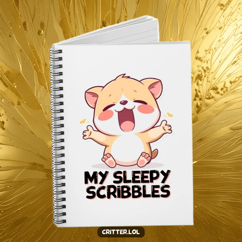 Funny notebook featuring a sleepy critter yawning and stretching, designed for capturing thoughts with a humorous, relatable vibe.