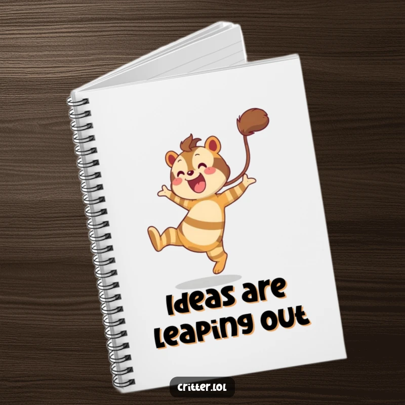 Funny notebook with a cover illustration of a striped creature with a bushy tail leaping joyfully, ideal for note-taking.