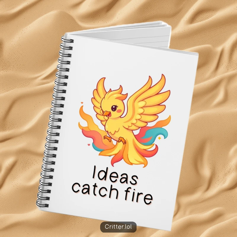 Funny notebook featuring a playful phoenix rising from colorful flames, ideal for jotting down inspired thoughts.