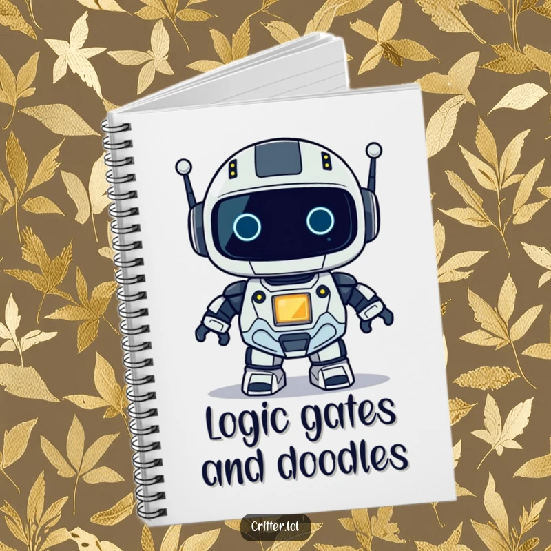 Funny notebook cover featuring a small robot with an illuminated blinking light, perfect for capturing notes and ideas.