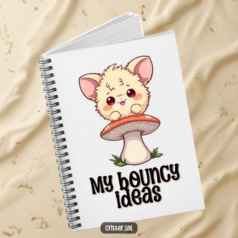 Funny notebook with a playful fuzzball with large ears bouncing on a mushroom, perfect for creative journaling.