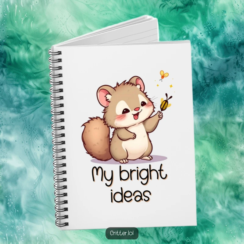 Funny notebook with a furry critter and bushy tail playfully swatting a firefly, ideal for journaling with nighttime charm.