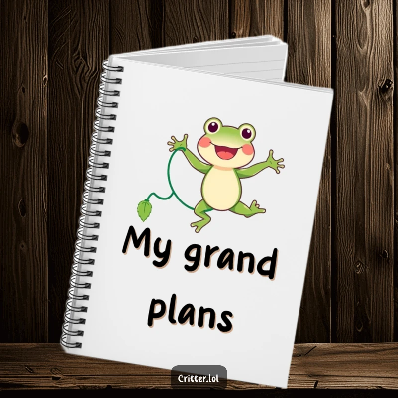 Funny frog notebook with a joyful character energetically jumping rope with a vine, encouraging creative thought.