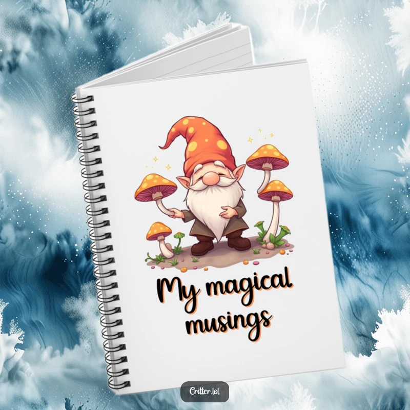 Funny notebook cover with a gnome juggling glowing mushrooms, perfect for writing magical spells or funny notes.