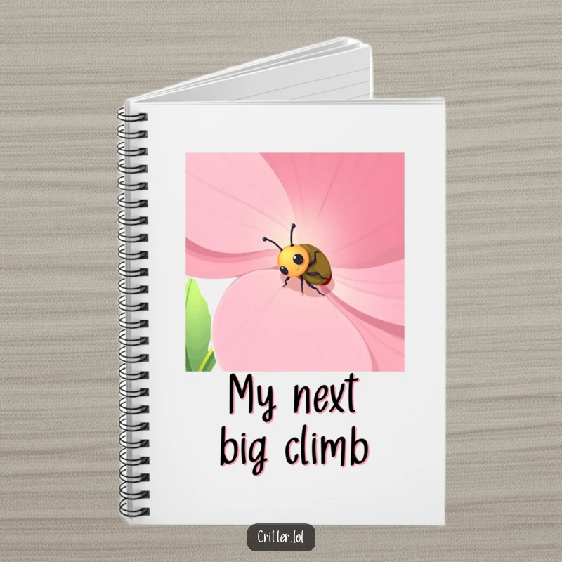 Funny notebook cover with a small beetle character climbing a large flower petal, inspiring creativity and humor.