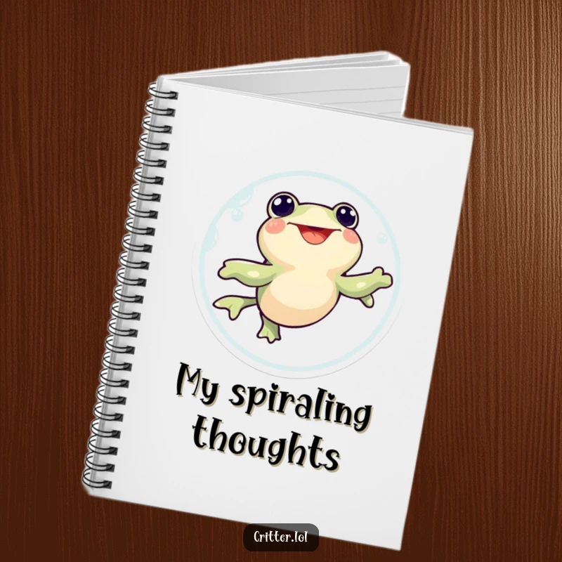 Funny notebook cover with a happy tadpole character swimming in an excited circle, encouraging energetic thoughts and humor.