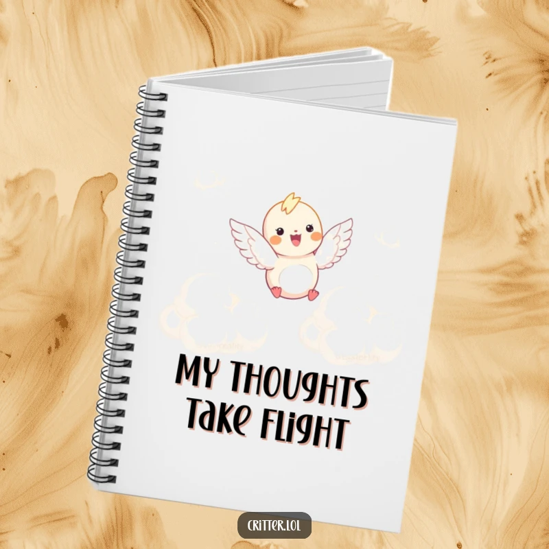 Funny notebook cover with a winged critter joyfully soaring through clouds, inspiring lighthearted and humorous note-taking.