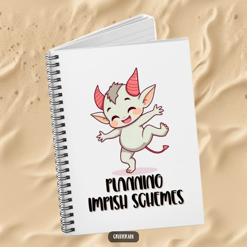Funny notebook featuring a cute imp with devil horns doing a cartwheel, ideal for jotting down playful thoughts.