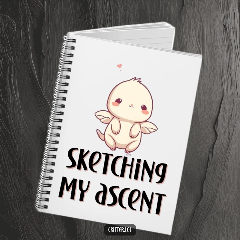 Funny notebook with a shy creature and small wings fluttering upwards, ideal for notes and gifts.
