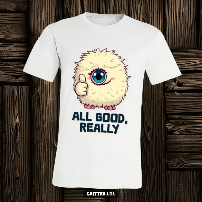 Funny t-shirt graphic of a tiny, fluffy monster with one eye giving a confident and positive thumbs up.