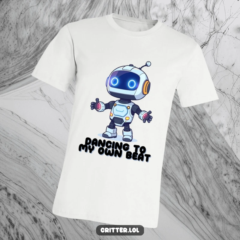 Funny t-shirt depicting a curious robot with illuminated blinking lights enthusiastically dancing, full of robotic charm.