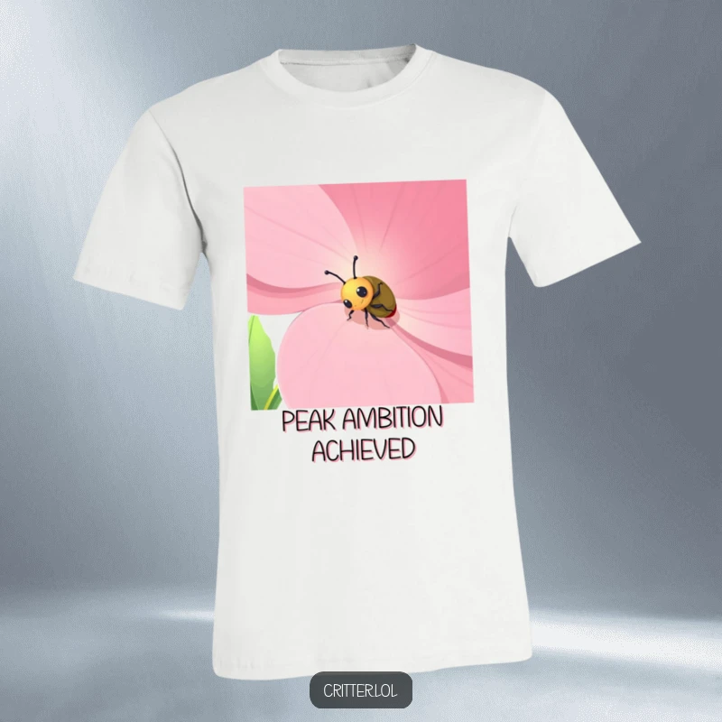 Funny t-shirt depicting a determined beetle character scaling an enormous, detailed flower petal with a humorous, adventurous spirit.
