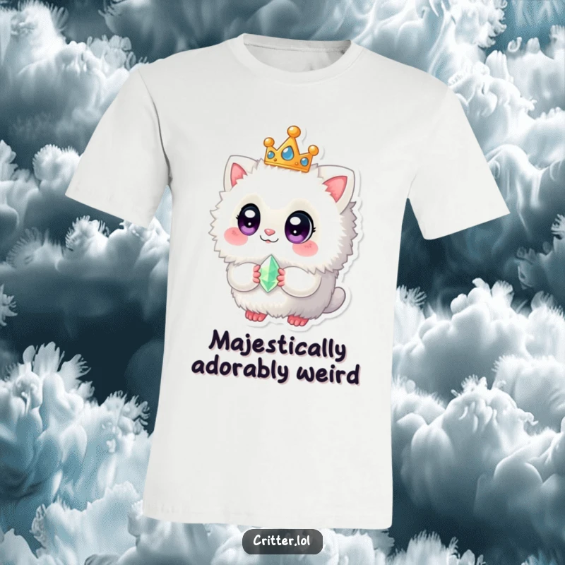 Funny t-shirt depicting a fuzzy creature with big eyes, wearing a crown and holding a tiny gem, exuding cuteness.