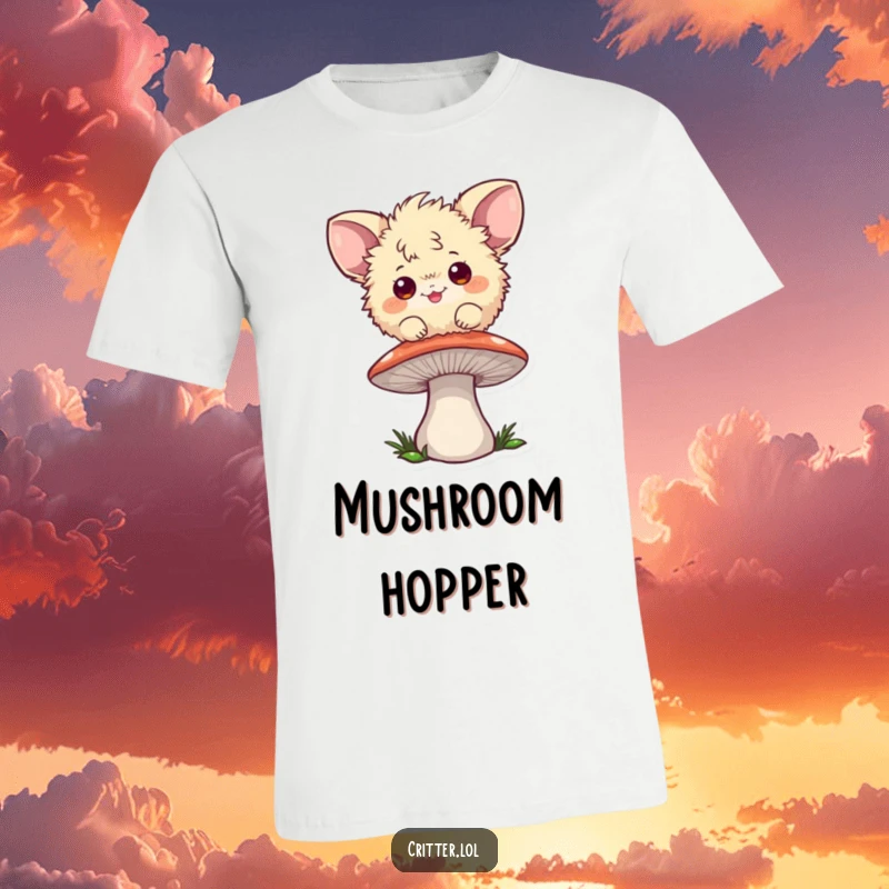 Funny t-shirt graphic of a playful, two-eared fuzzball bouncing with delight on a mushroom, conveying energy.
