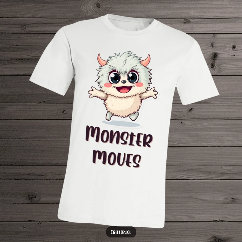 Funny fuzzy monster t-shirt featuring a googly-eyed monster skipping joyfully, perfect for expressing a fun-loving and energetic personality.