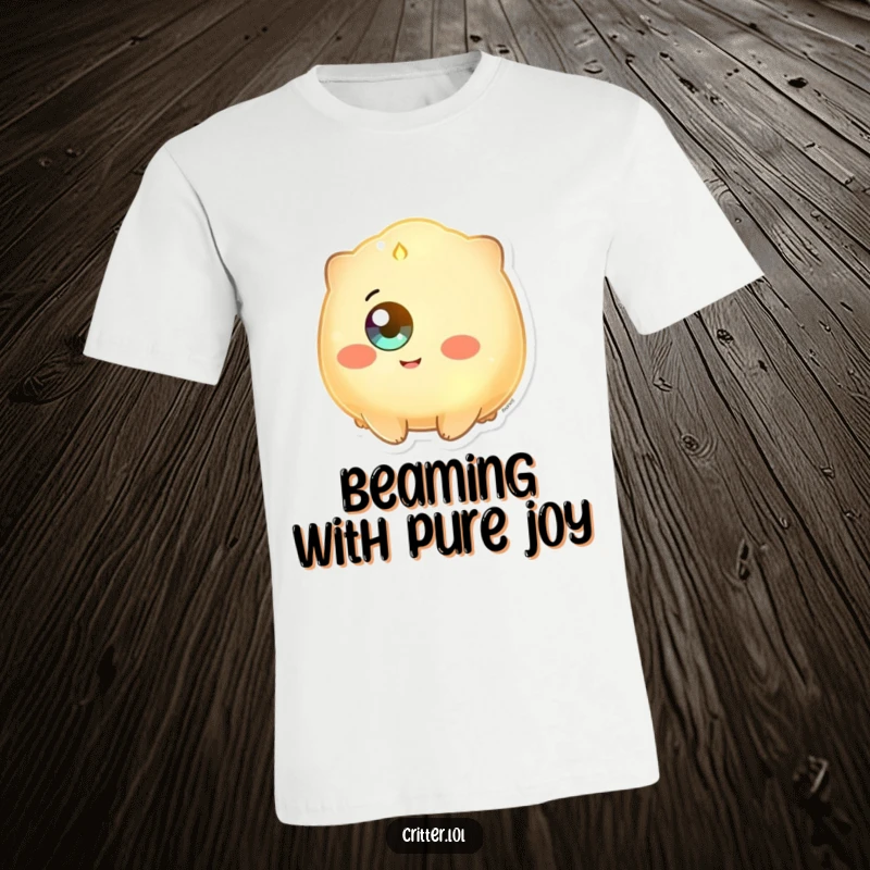 Funny t-shirt depicting a glowing creature with a single eye beaming with immense happiness and a bright, warm glow.