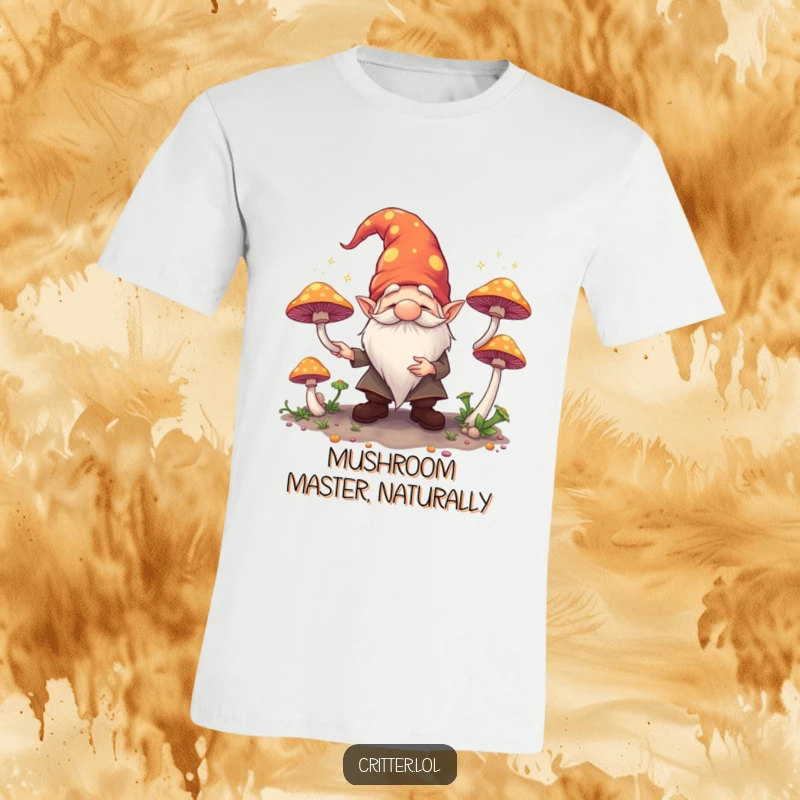 Funny t-shirt displaying a spirited gnome actively juggling luminous mushrooms, radiating a magical and humorous aura.