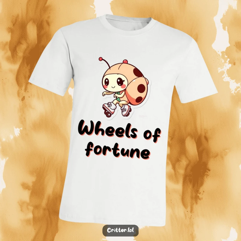 Funny t-shirt showcasing a happy ladybug character wearing miniature roller skates and speeding along with glee.