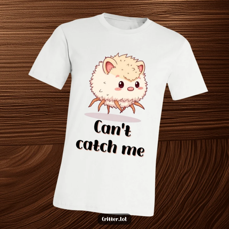 Funny t-shirt showcasing a rapidly scurrying, fluffy critter with numerous legs, conveying a sense of urgency and amusement.