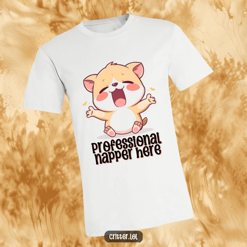 Funny t-shirt with a sleepy critter yawning widely and stretching its limbs, depicting ultimate relaxation and need for sleep.