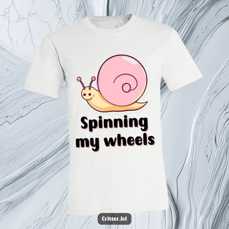 Funny snail t-shirt depicting a happy character spinning with a mesmerizing sparkly trail, celebrating individuality.