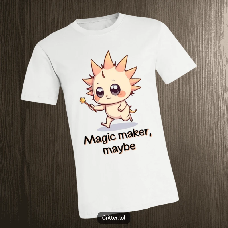 Funny t-shirt depicting a spiky creature with wide eyes, holding a miniature wand and skipping joyfully, radiating magical energy.