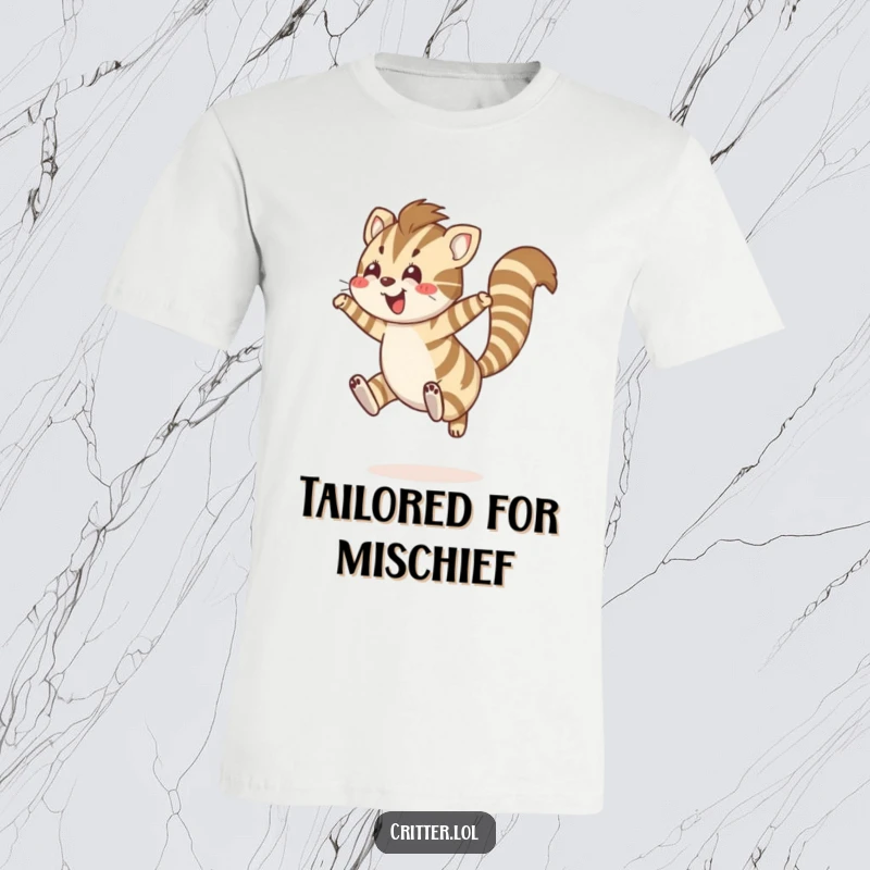 Funny t-shirt design of a striped creature with a bushy tail leaping joyfully, a great funny gift.
