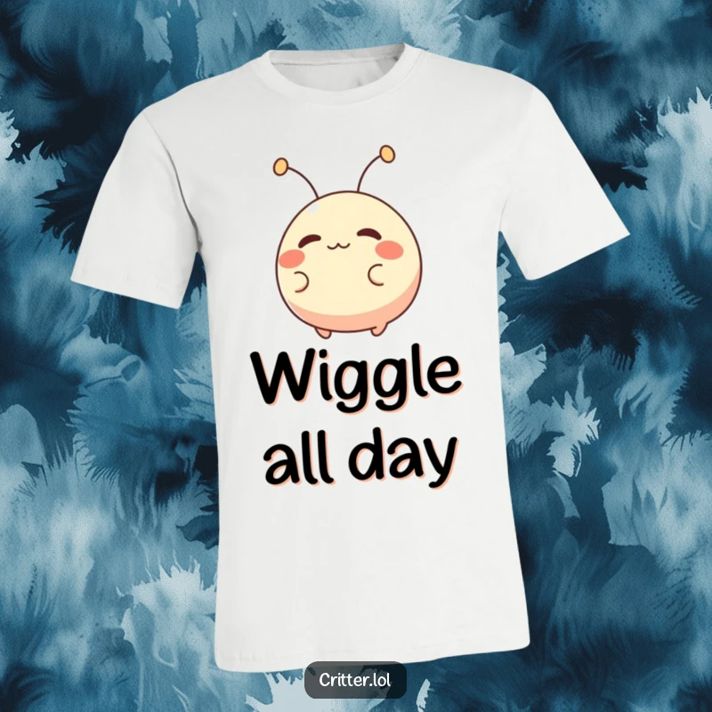 Funny t-shirt featuring a small, round creature with antennae wiggling with excitement. Expressive and humorous apparel.