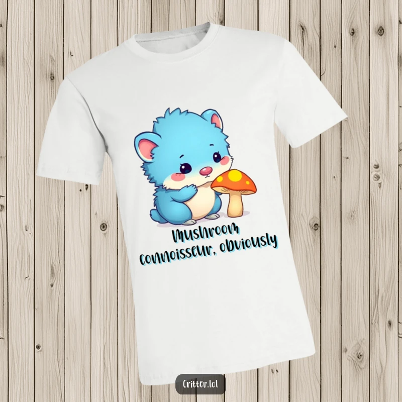 Funny blue furry critter with antennas sniffing a glowing mushroom, designed for a funny t-shirt, showcasing wonder and exploration.