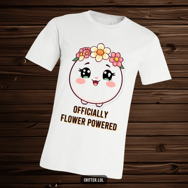 Funny t-shirt depicting a round critter with curious eyes, a flower crown, and a happy wiggle, radiating innocent charm and happiness.