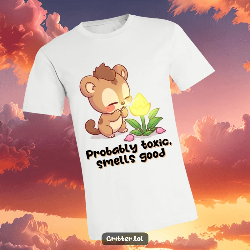 Funny curious creature character intently sniffing a mysterious glowing plant on a t-shirt, symbolizing exploration and curiosity, an ideal funny gift.