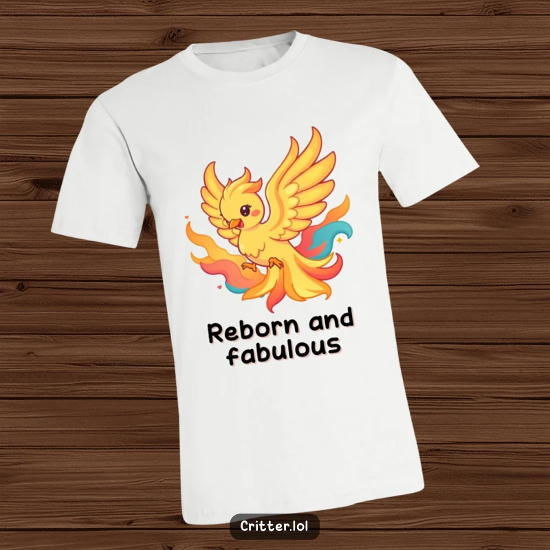 Funny t-shirt featuring a playful phoenix rising from colorful flames, symbolizing transformation and powerful energy.