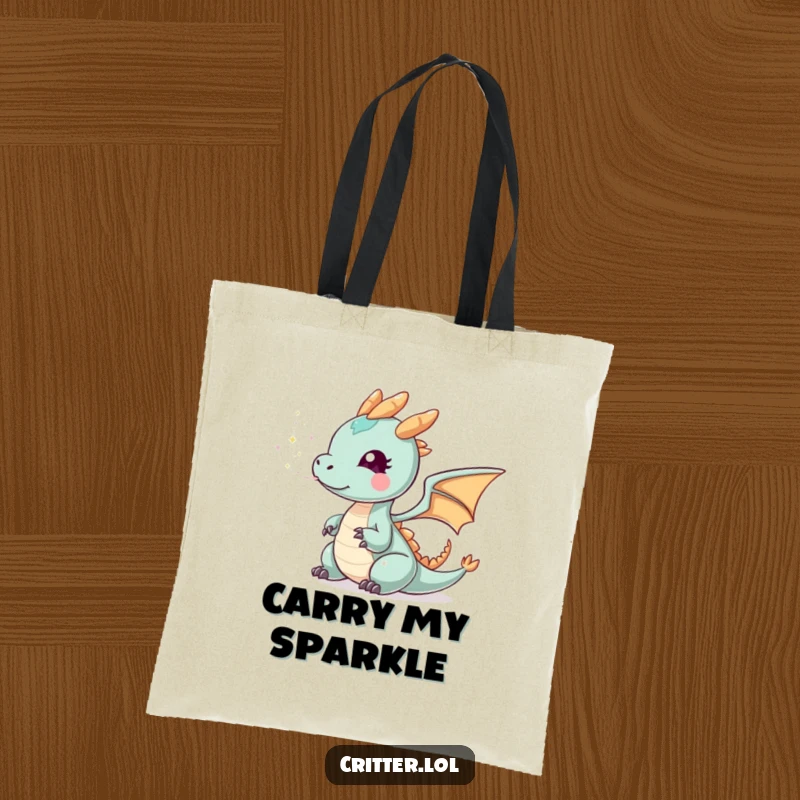 Funny tiny dragon smoke tote bag, featuring a small dragon exhaling sparkly smoke, perfect for carrying essentials with a touch of magical flair.