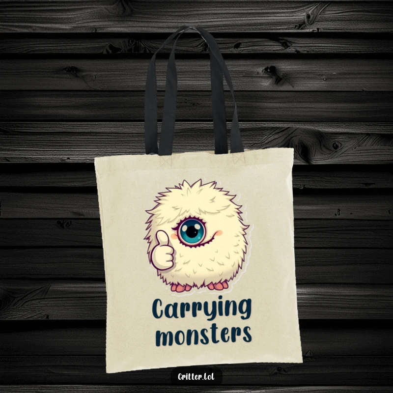 Funny tote bag featuring a tiny, fluffy, one-eyed monster giving a thumbs up, great for quirky errands.