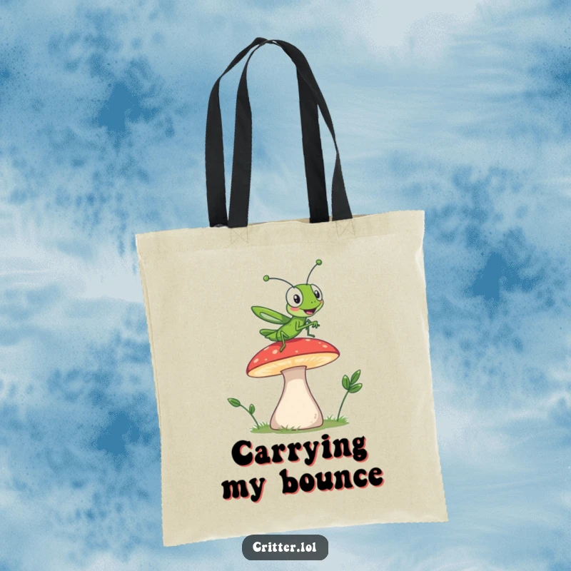Funny tote bag with a grasshopper character leaping off a mushroom, perfect for carrying items with energetic humor.