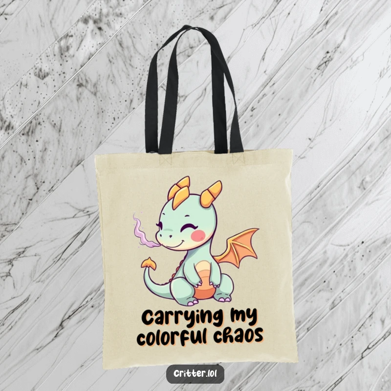 Funny tote bag depicting a tiny, friendly dragon releasing a burst of rainbow-colored smoke, adding a touch of joy.