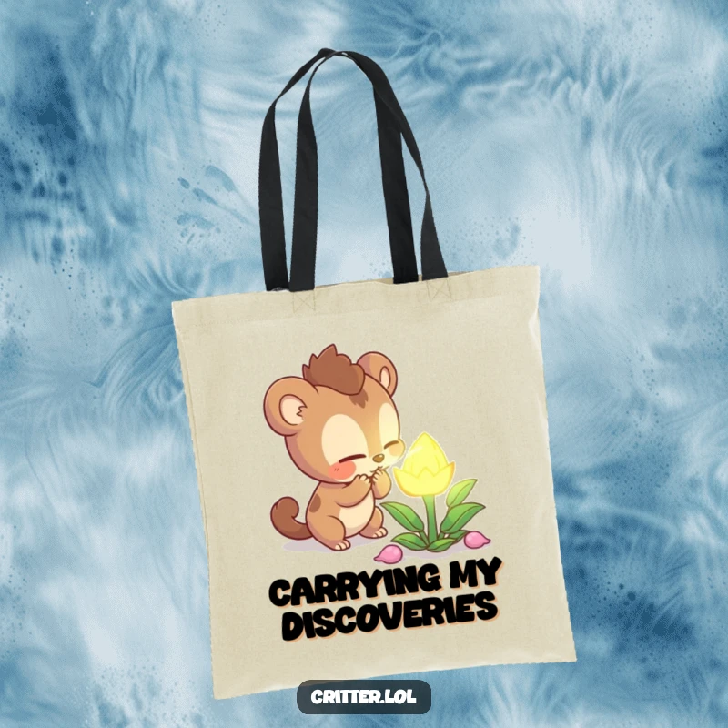 Funny curious creature character intently sniffing a mysterious glowing plant on a tote bag, ideal for carrying everyday items with flair, a gift.