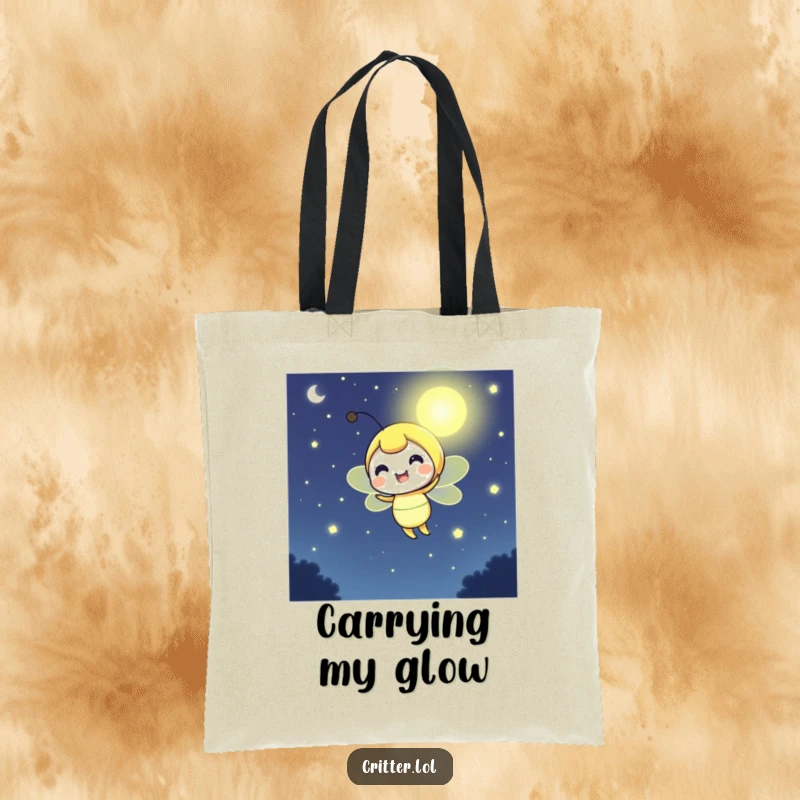 Funny firefly tote bag showcasing a cheerful character emitting a bright glow, perfect for carrying daily needs with flair.