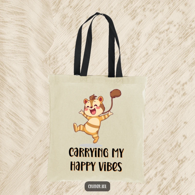 Funny tote bag featuring a joyful striped creature with a bushy tail leaping energetically, ready for any adventure.