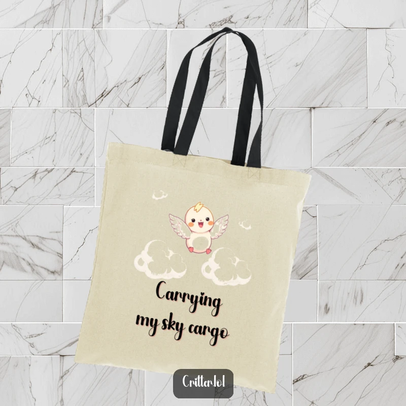 Funny tote bag showcasing a winged critter soaring happily through fluffy clouds, perfect for carrying items with a touch of whimsy.