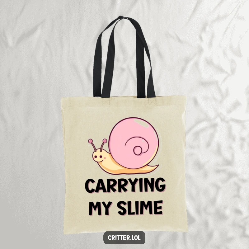 Funny snail tote bag showcasing a happy character mid-spin with a shimmering sparkly trail, perfect for carrying essentials.