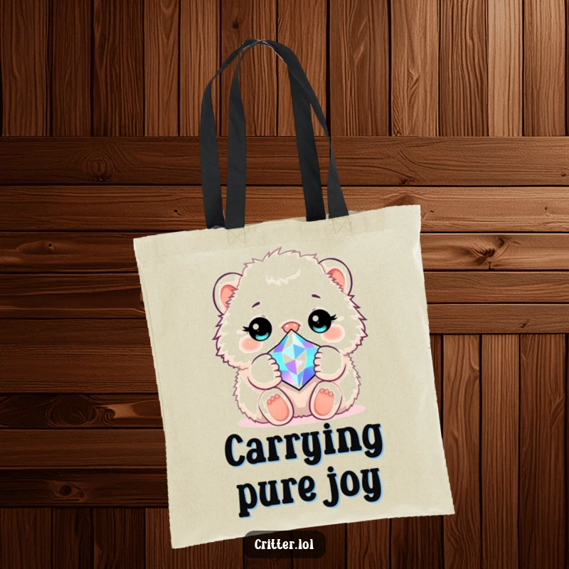 Funny tote bag showcasing a fluffy critter intimately cuddling a radiant, sparkling gem, perfect for shoppers.