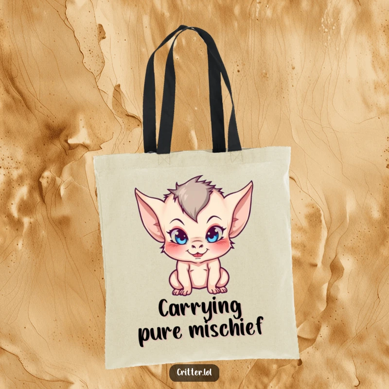 Funny tote bag featuring a mischievous imp with sharp, pointy ears and a knowing, playful smirk.