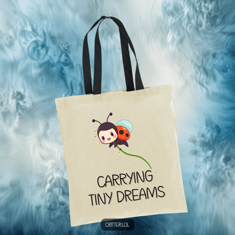 Funny ladybug tote bag featuring a tiny character riding a flying dandelion seed with glee, designed for stylish and humorous carrying.