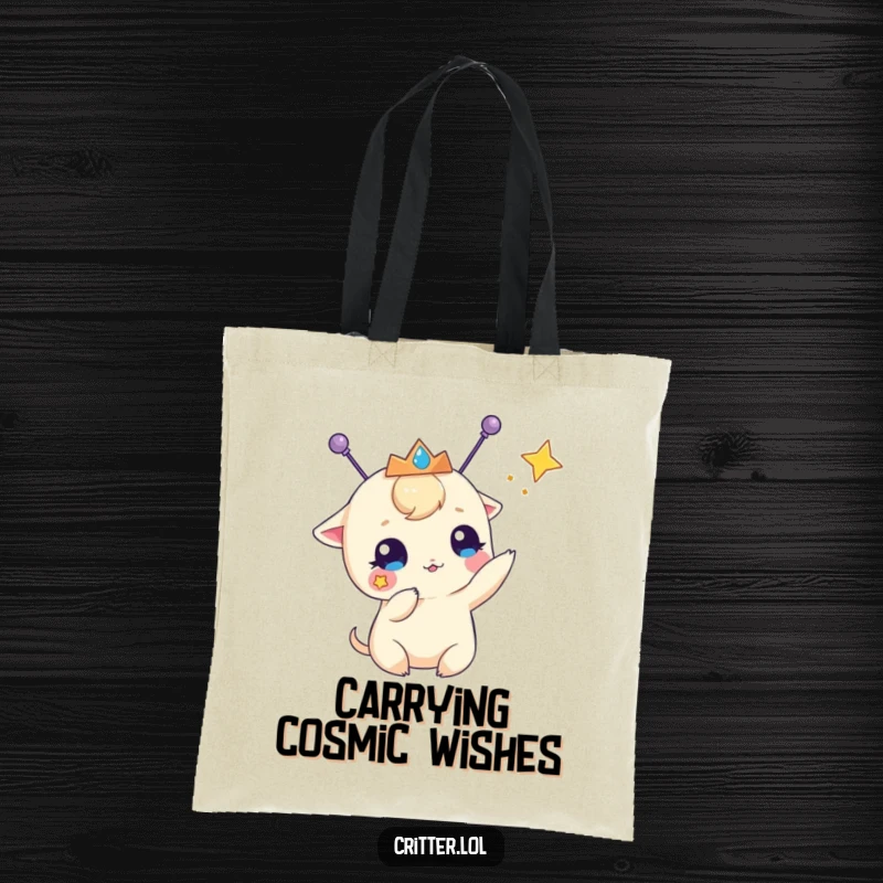Funny tote bag with a creature with antennae and a tiara, enthusiastically batting at a star, perfect for carrying everyday essentials.
