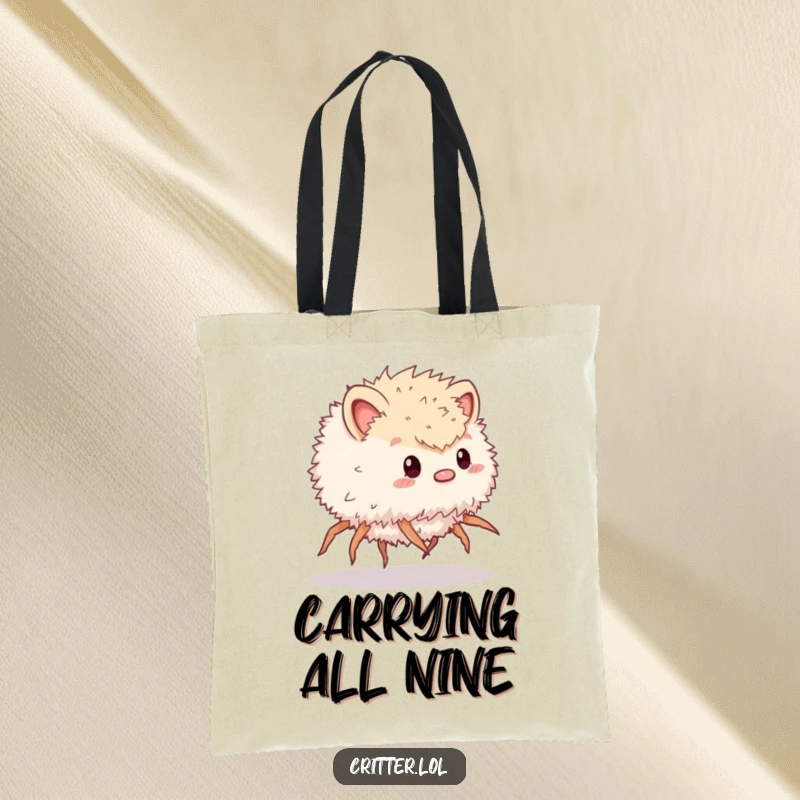 Funny tote bag depicting a fluffy, many-legged critter in a hurry, ideal for carrying items with a humorous touch.
